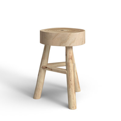 16"H Wooden Stool with Live-Edge Round Top and Triangle Footrest Base, Natural Finish