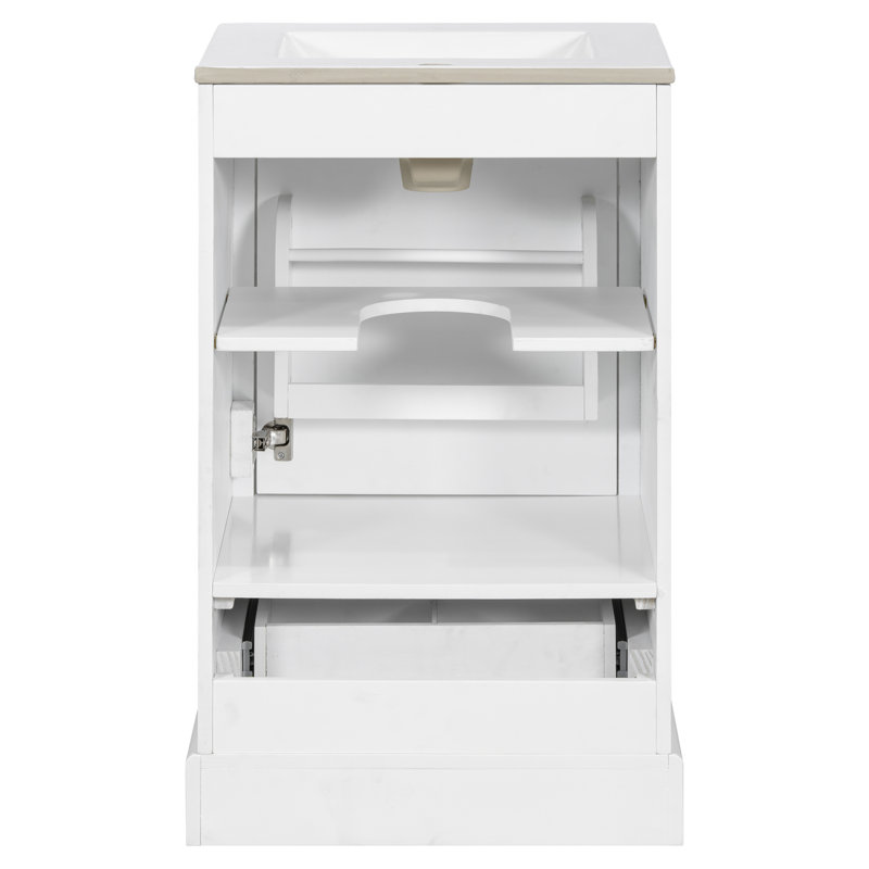 Meuble-lavabo de 20 po avec lavabo en céramique, porte à fermeture en douceur et solutions de rangement, Blanc