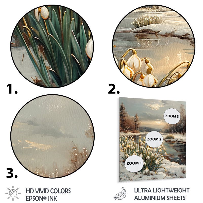 Winter Snowdrops Flowers By The Lake I - Snowdrops, art mural, Métal métal, 12" H x 20" W