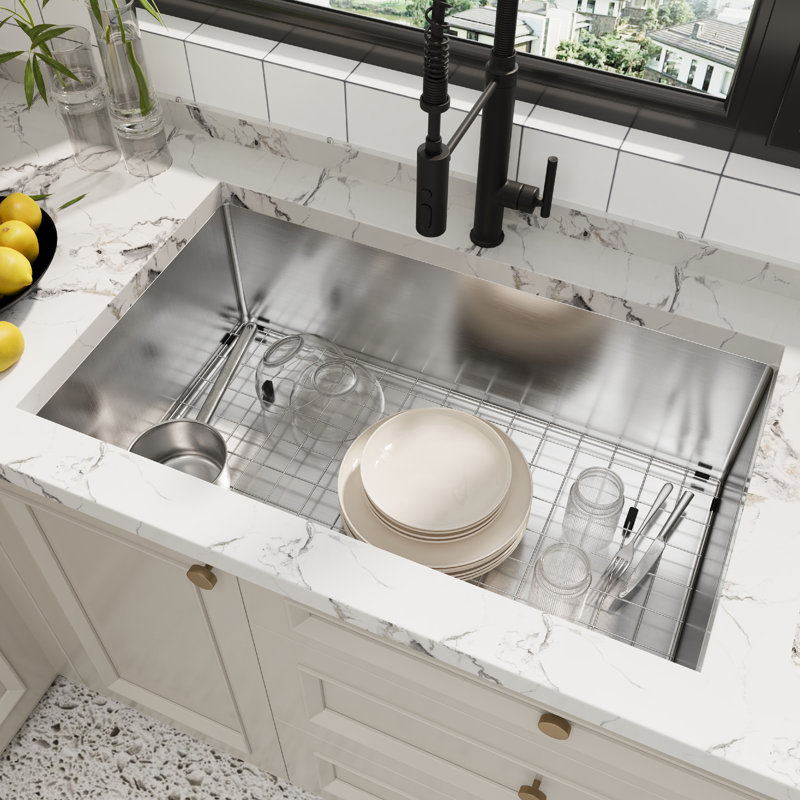 GarveeHome Undermount Kitchen Basin 304 Stainless Steel, Single or Double Bowl, Bottom Grid & Drain, Sound Dampening, Modern Dual Mount Workstation