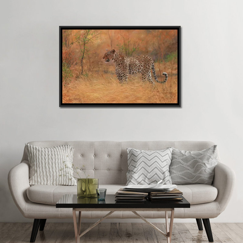 «Leopard in Forest», impression sur toile, H 18 po x l 26 po x P 1,5 po, Toile avec cadre noir, Pas de tapis