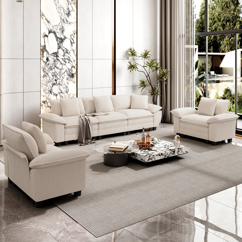 5 - Piece Living Room Set, Beige Corduroy