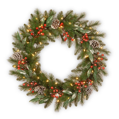 The Holiday Aisle® Frosted Pine Berry Wreath with Battery Operated LED Lights