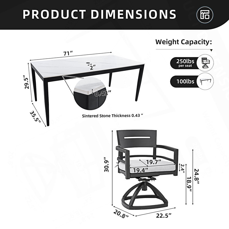 Ensemble de salle à manger d'extérieur moderne en aluminium 7 pièces, table de salle à manger rectangulaire et 6 chaises pivotantes