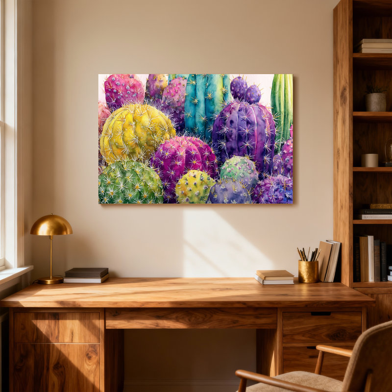 Plantes et fleurs, impression de motif de cactus coloré, H 12 po x l 18 po