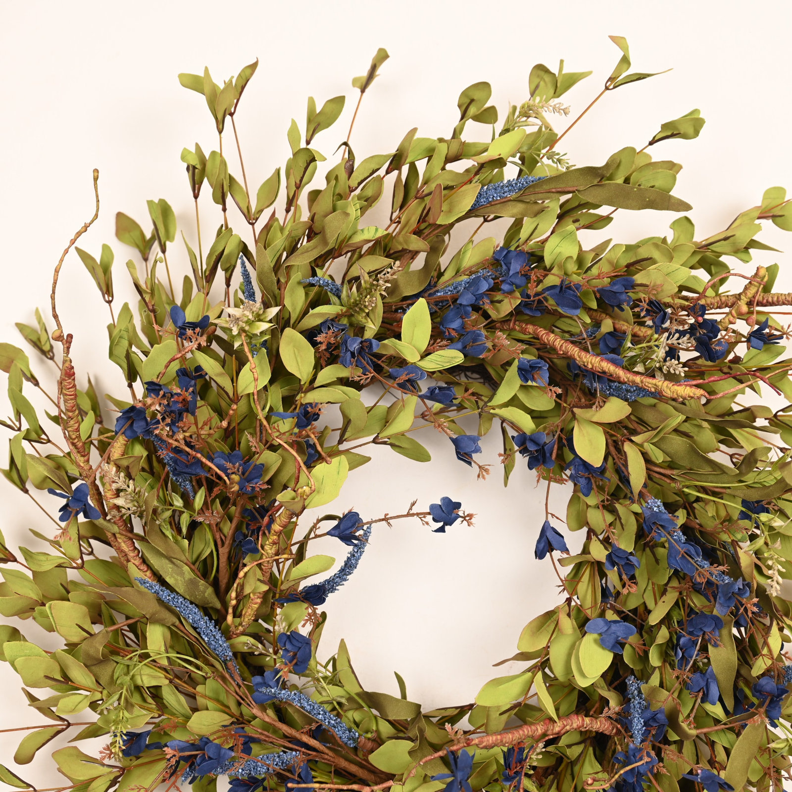 26" Large Artificial Farmhouse Twig Greenery Foliage Berry Blossom Cluster Wildflower Wreath for Front Door, Green;Blue