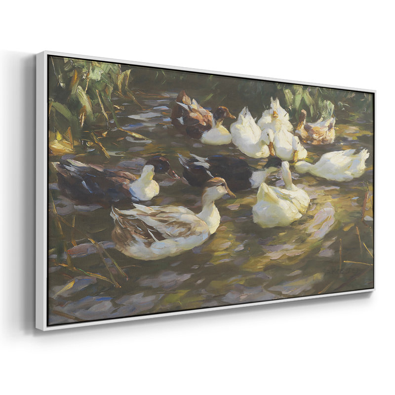 Canards blancs dans l'étang - Toile tendue avec châssis, prête à accrocher, H 25 po x l 49 po, Blanc