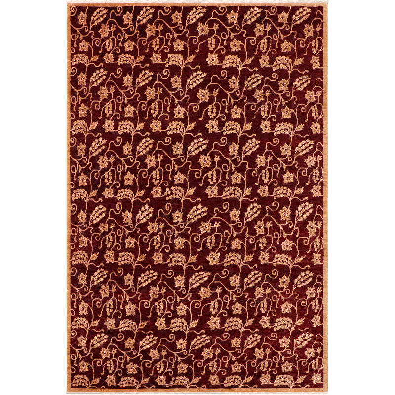 Tapis rouge / brun en laine noué à la main 8 pi 10 po x 11 pi 9 po Floral