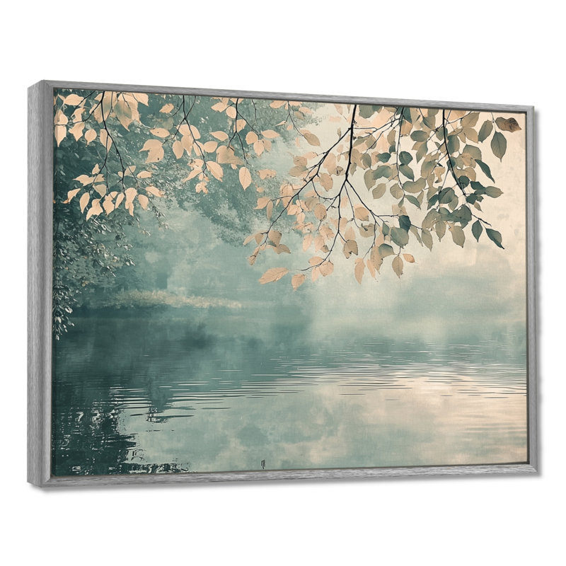 Riverbank Leaves Simplicity Scenery II - feuilles, art mural, H 30 po x l 40 po, Impression encadrée flottante, Argent argent
