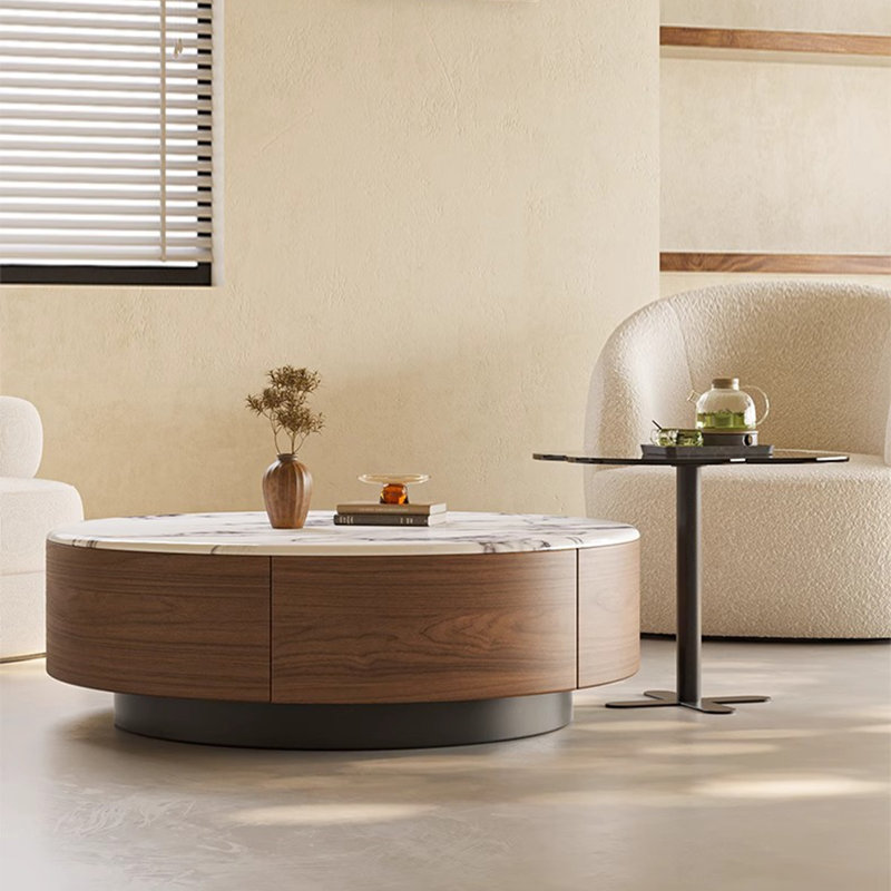Round microcrystalline stone coffee table, Black/White/Transparent