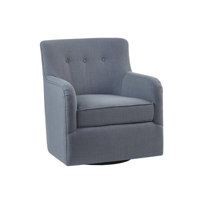 Swivel Reading Chair, Solid Wood & Plywood Structure, Button Back, Blue Textile Upholstery, Metal Base, High Foam For Relaxing Time 360-Degree Rotating Entryway Composition, Fabric Upholster, Base A