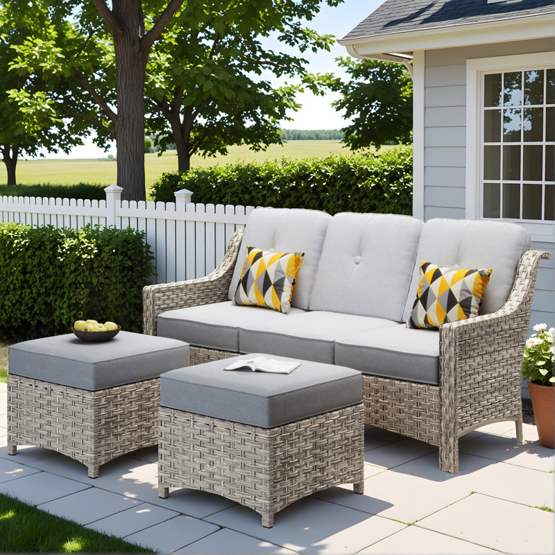 Shannyn 72.05'' Wide Straight Wicker Patio Sofa with Cushions, Light Gray