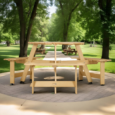 6-Person Round Picnic Table – 3 Built-in Benches & Umbrella Hole (All-Weather)