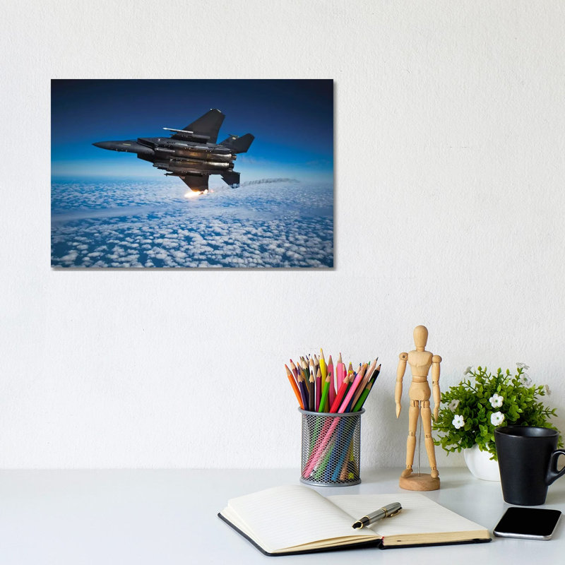 F-15E Strike Eagle Aircraft Releases Flares I 1 Piece Wrapped Canvas Wall Art, 20.32 cm H x 30.48 cm W
