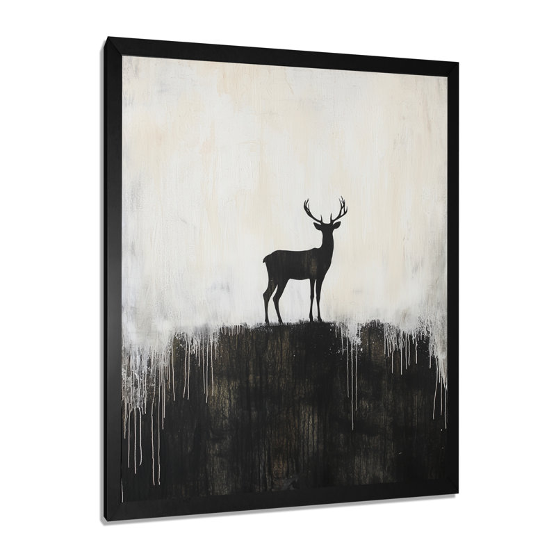 Deer Silhouette On Mountain - Deer Wall Art Print, 32" H x 24" W, Picture Framed Print, Black