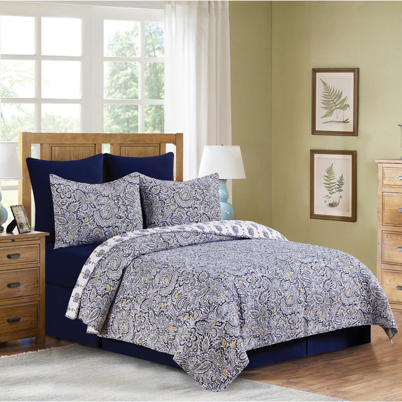 Ensemble de courtepointe réversible 100% coton bleu Serena, Courtepointe grande + 2 taies décoratives