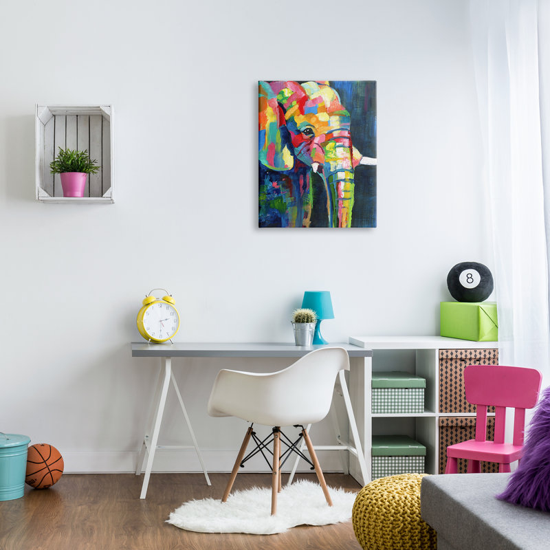 «Contemporary Elephant Abstract Patchwork Rainbow» par Nan - Peinture sur toile, Toile tendue, H 30 po x l 24 po