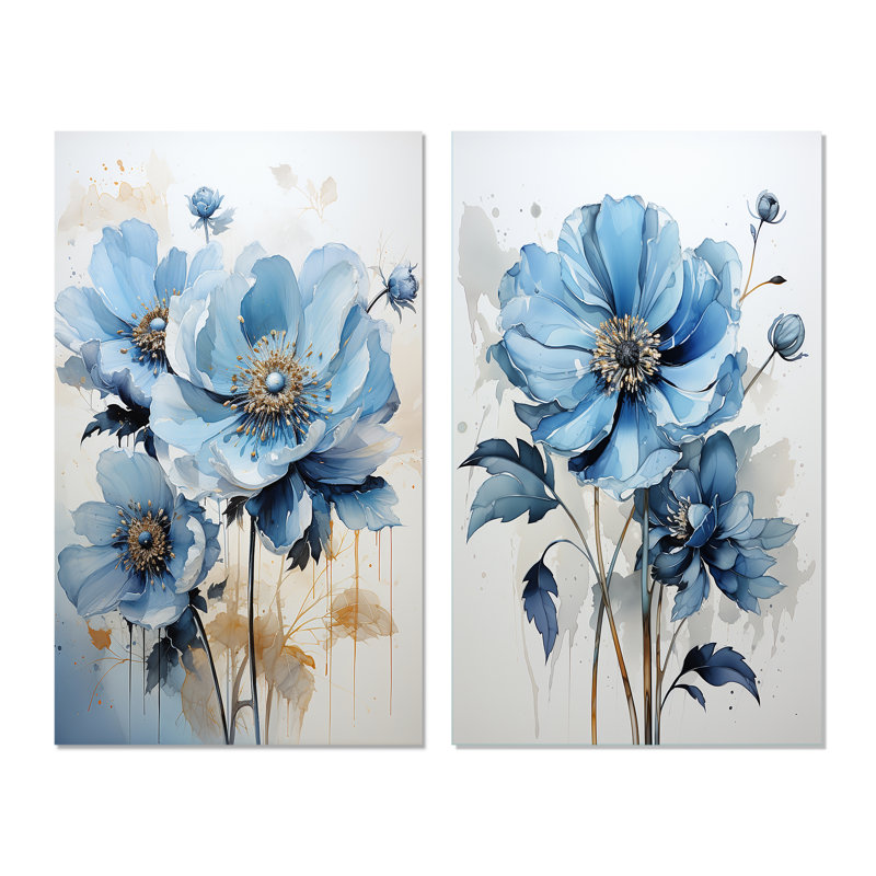 Fleur de marguerite bleue minimalisme "Fleur de marguerite bleue minimalisme" 2 - pièces sur, Toile tendue, H 32 po x l 32 po
