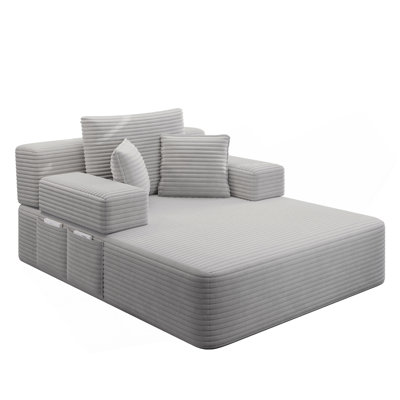 Luxurious Plush Corduroy Chaise Lounge With 3 Pillows, Convertible Sofa Bed With Storage Pocket, Frameless Design & Compression Foam For Small Spaces, Living Room, Apartment,Light Grey