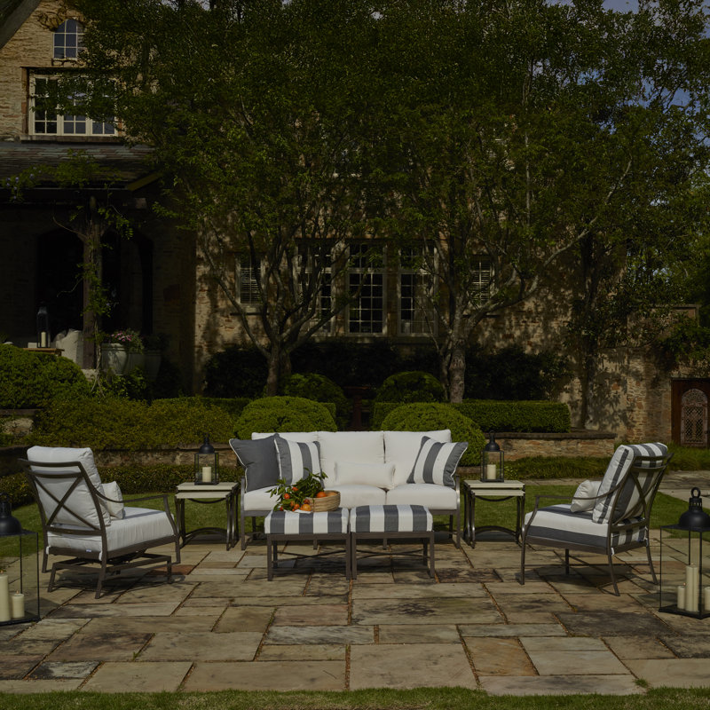 Monaco Arm Chair with Cushions, Rollo Lace InsideOut® Linen, No Welt, Slate Gray