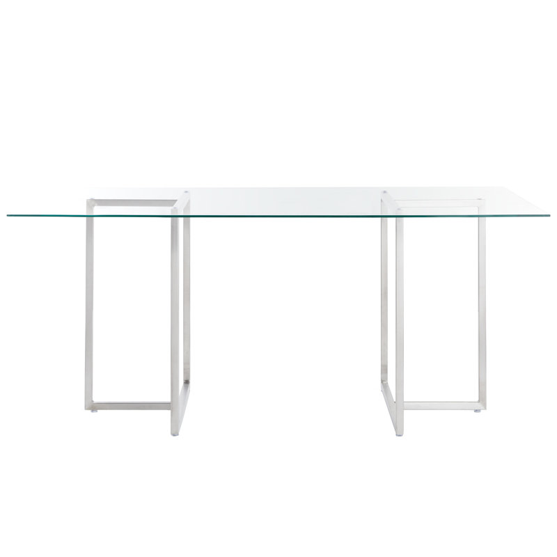 Wadley Glass Top Metal Base Dining Table, Brushed Stainless Steel, 66" L x 36" W
