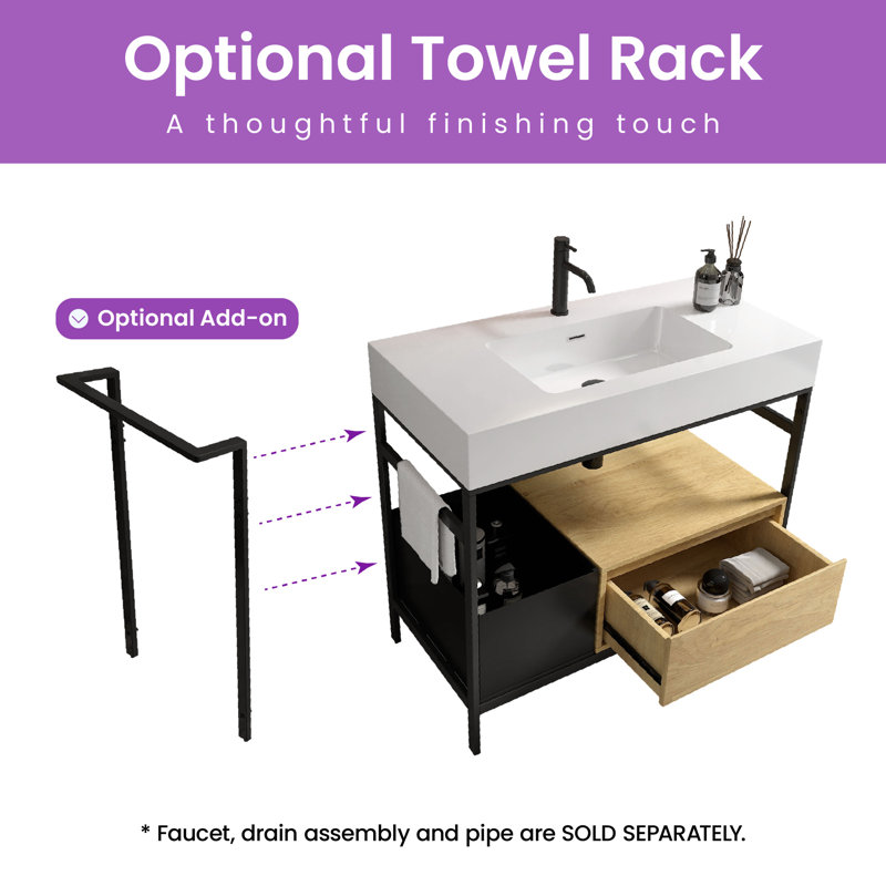 36" Bathroom Vanity with Sink, Metal Legs, Towel Rack, Drawer & Laundry Basket, 1, Glossy White