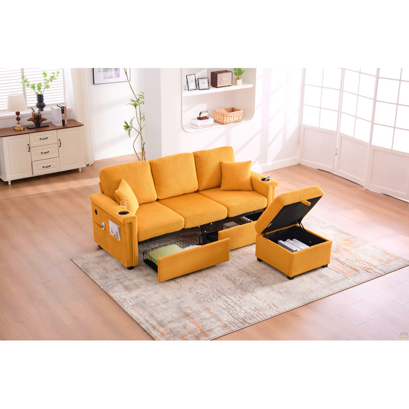 Canapé modulaire en L avec rangement coulissant, repose-pieds et coussins 3 places avec chargement USB, Jaune