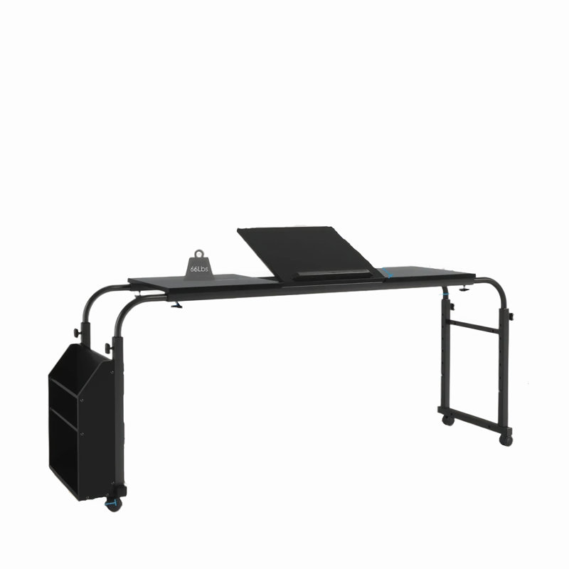 Table de lit avec roulettes, bureau pour lit mobile de 60,6 à 84,2 pouces, bureau d'ordinateur roulant, chariot pour ordinateur portable, support inclinable à 0-65 °, 4 hauteurs et 6 longueurs, panier de rangement latéral, pour la maison, le bureau et l’hôpital