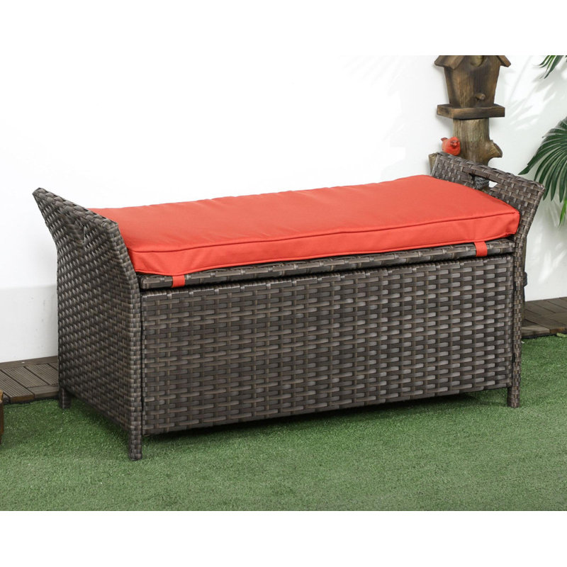 Patio wicker storage stool, outdoor PE cane patio furniture, 2 in 1 large volume rectangular garden storage box with handles and cushions