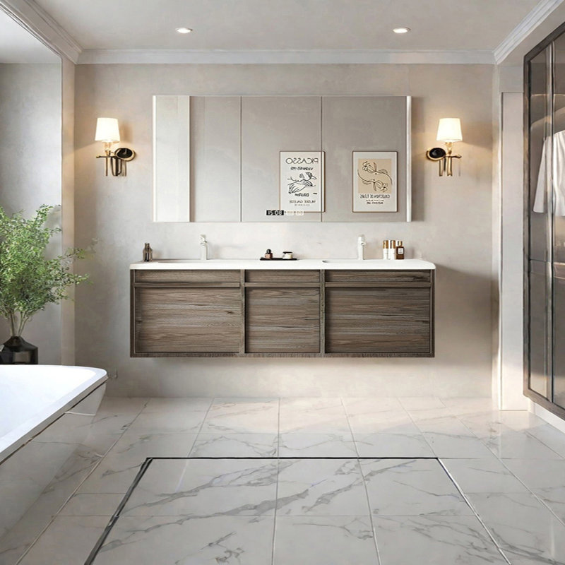 Armoire de salle de bain à double cuve de style moyen-ancien, Taupe, H 19,68 po x l 70,86 po x P 21,65 po