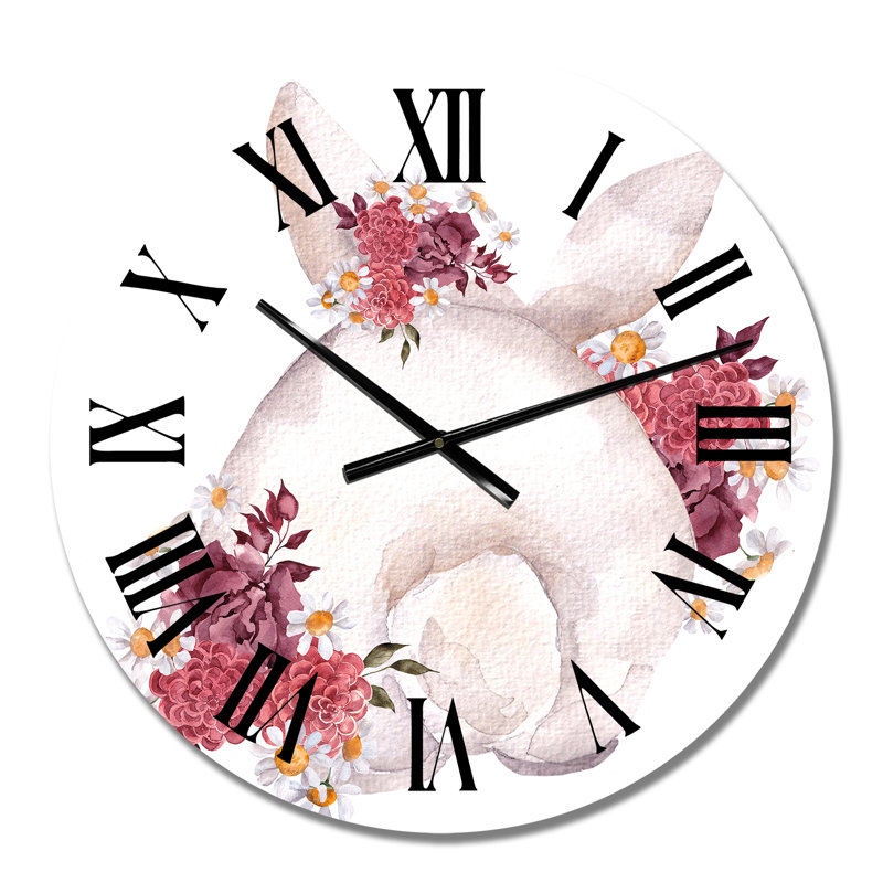 Mignon lapin et fleurs et feuilles d'automne I - Horloge murale traditionnelle, Moyen