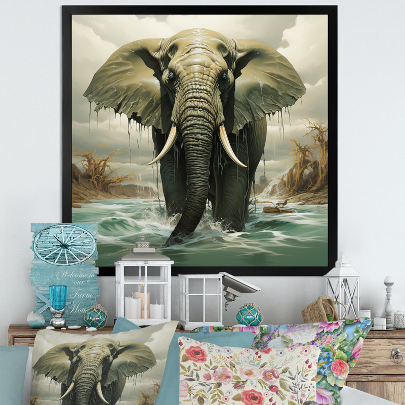Éléphant gris, paysage de rêve - Éléphant, art mural, Cadre simple noir, H 30 po x l 30 po x P 1,5 po