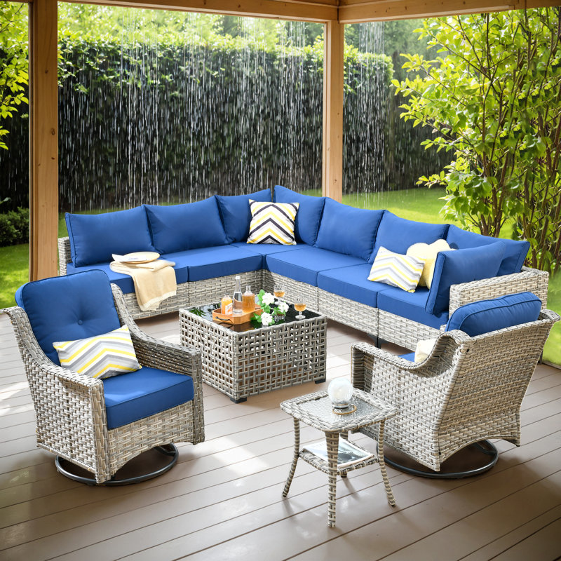 Emroy 8 - Person Wicker/Rattan Sectional Seating Group with Lighted Coffee Table and Swivel Chairs, All Weather Modular Outdoor Conversation Set with Cushions