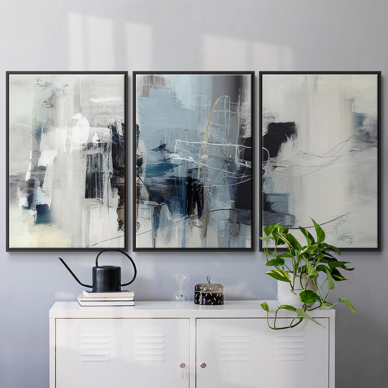 Winter Abstraction II, 3 pièces, Cadre noir, H 40 po x l 78 po x P 2 po