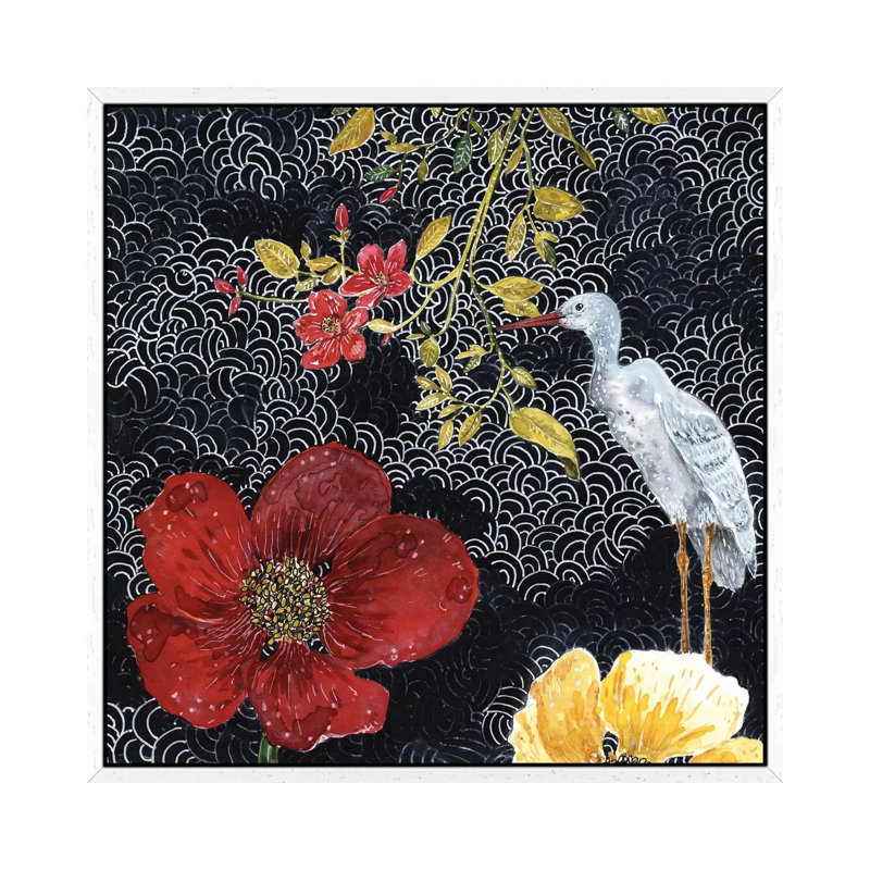Heron With Red Flower by Miri Eshet - Painting on Canvas, 45.72 cm H x 45.72 cm W, White Framed