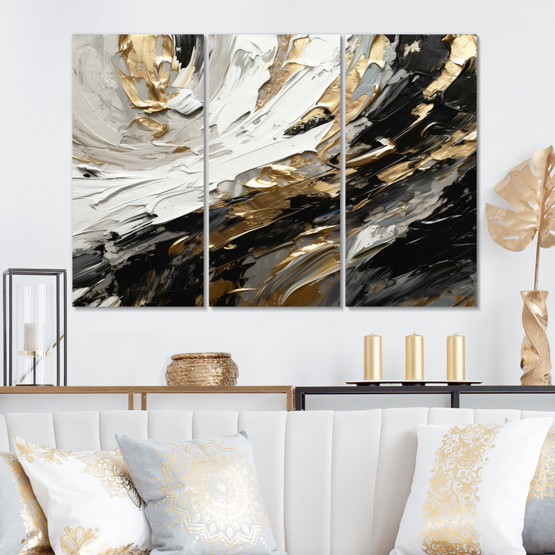 «Exquis Darling Gold Abstract Wave On Black III», ensemble de reproductions d'art mural abstraites