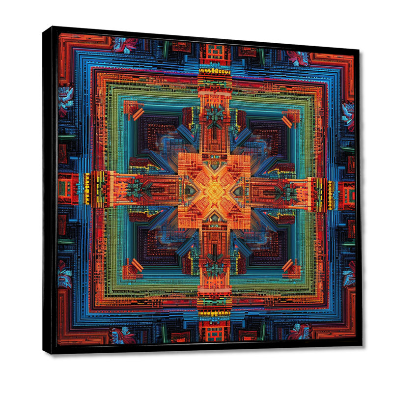 Mandala bouddhiste géométrique Vajrayana, Cadre flottant noir, H 16 po x l 16 po x P 1 po