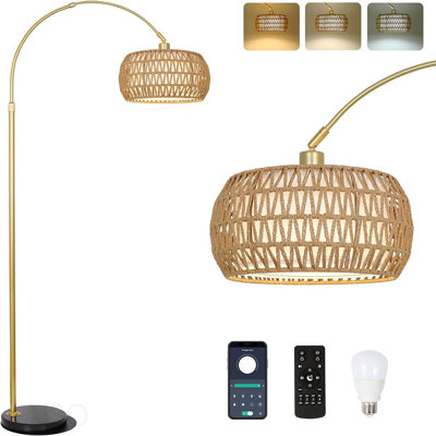 Lampes sur pied dorées pour le salon, lampe sur pied à arc avec télécommande et ampoule à intensité variable, lampe sur pied en rotin Boho avec 3 températures de couleur, lampe haute réglable en hauteur pour la chambre à coucher, lampe de lecture sur canapé