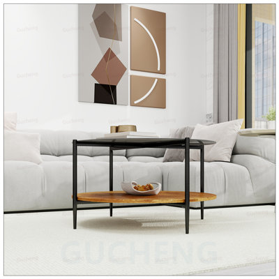 Table basse Mid-Century moderne avec plateau en verre et tablette de rangement en bois, structure en métal, conception compacte