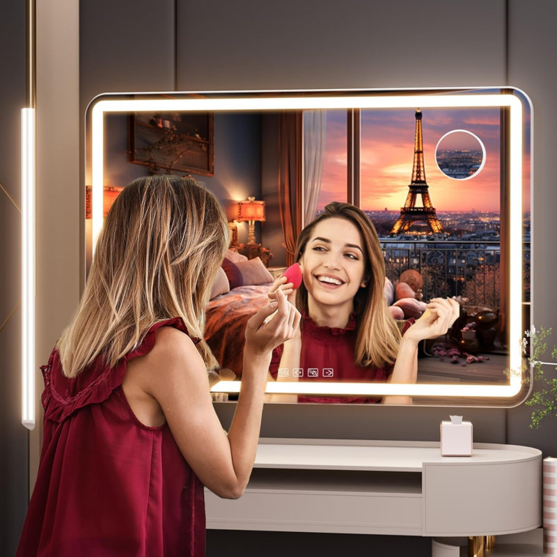 32" X 21.7" Round LED Lighted Makeup Vanity Mirror With Bluetooth Speaker, USB Charging Port, 3 Dimmable Color Modes, Touch Screen, White Finish