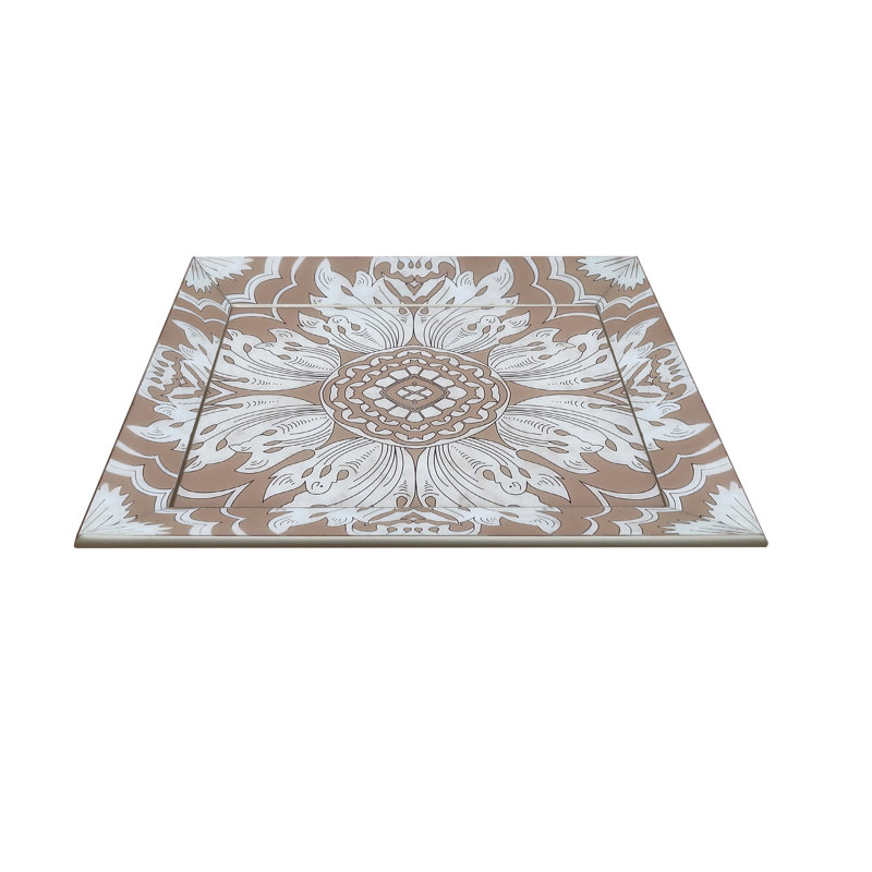 Handmade Reverse Painted Mirror Tray with Beveled Edge, Sand/Silver, 1.6" H x 17.7" W x 24" D