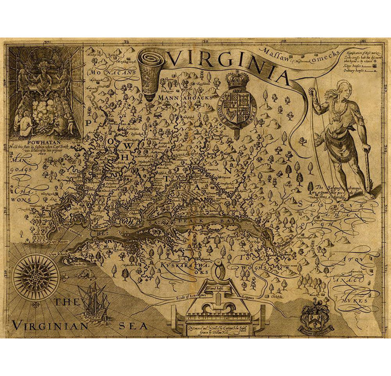 Art rétro sur toile tendue avec cartes: Virginia découvert et décrit par John Smith, 1606, H 15 po x l 18 po