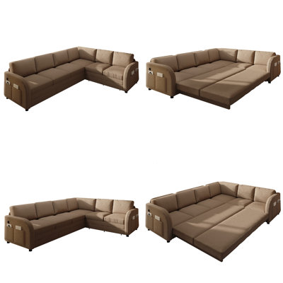 Easel 115.2" L-Shaped Sofa Couch with Pull-Out Bed, Oversize 6-Seater Convertible Sleeper Sectional Sofa with Teddy Upholstered, Left/Right Facing, Side Pockets & USB Ports