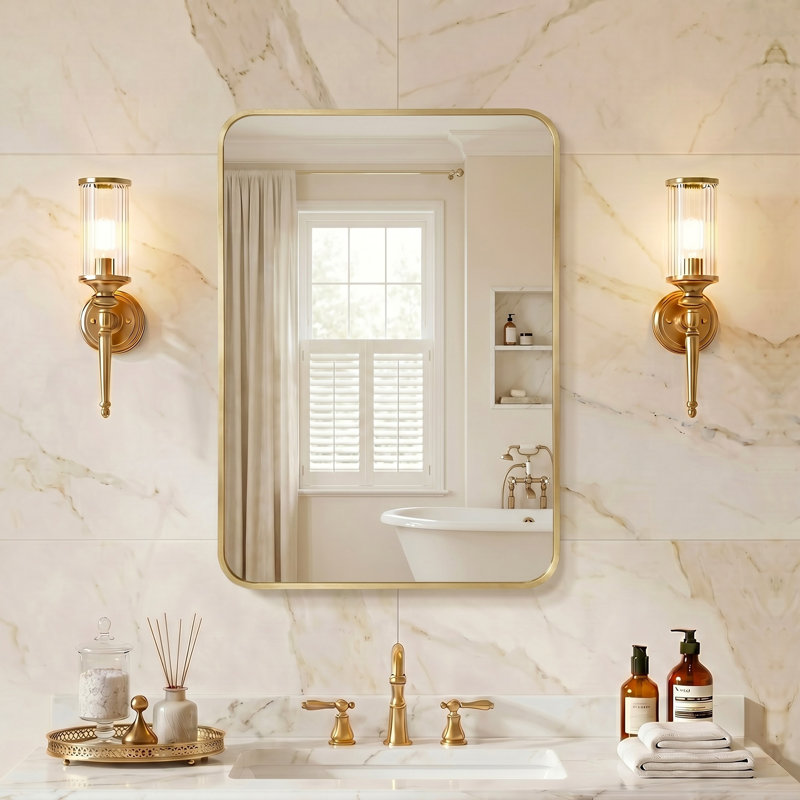 Rectangle Wall Mirror, Modern Wall Mounted Bathroom Vanity Mirror with Rounded Corners, Tempered Glass, Hangs Horizontally or Vertically for Bathroom, Entryway, Living Room