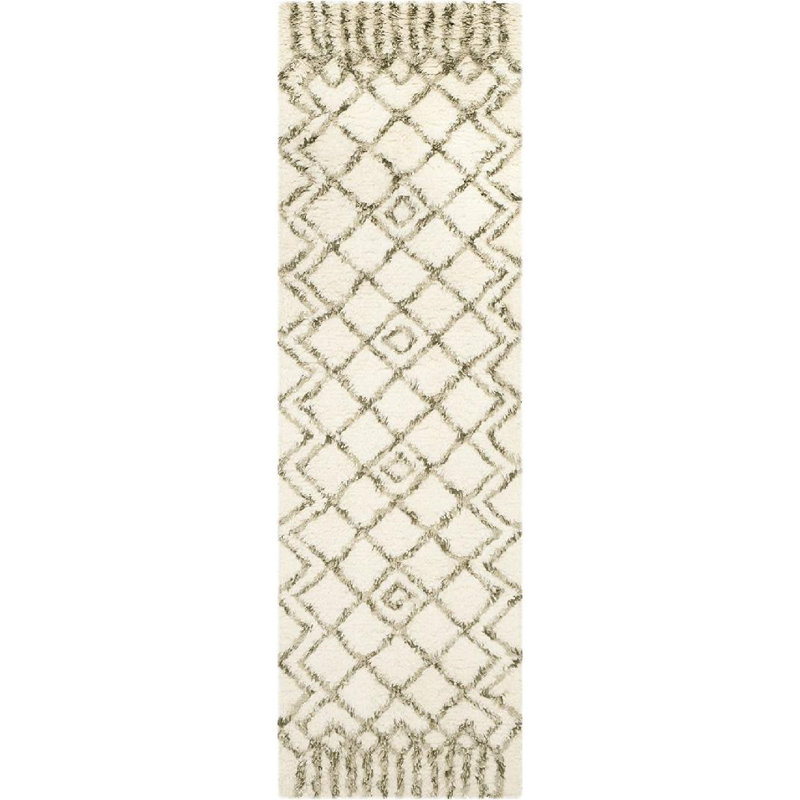 Tapis en laine et coton ivoire et vert à motif géométrique touffeté à la main Benyam, Tapis de couloir 2 pi 3 po x 12 pi