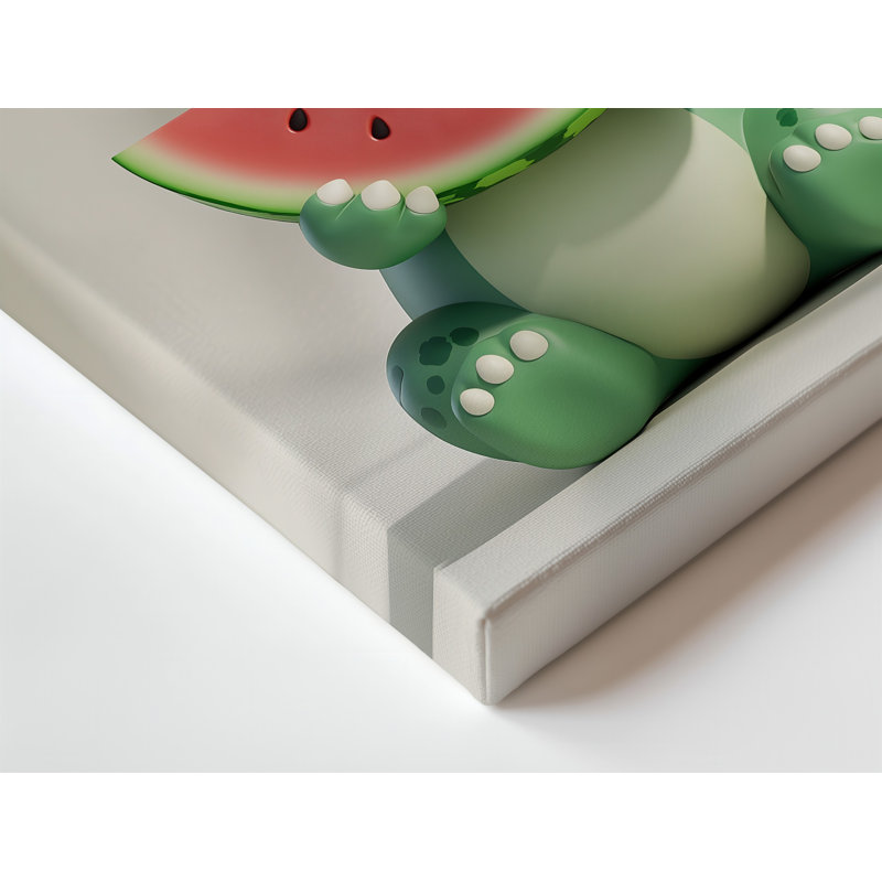 Toile, un adorable personnage de dinosaure assis avec une expression ludique tenant une grande tranche de melon d'eau
