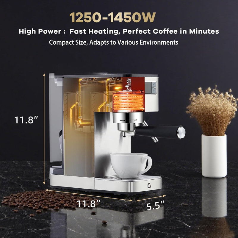 Machine à espresso compacte à 20 barres avec mousseur à lait vapeur, acier inoxydable