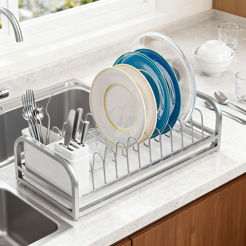 Space-Saving Dish Drying Rack For Small Kitchens, 304 Stainless Steel Dish Drainer With Utensil Holder And Removable Drip Tray For Countertop Organization