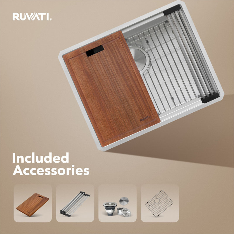Ruvati Workstation Rounded Corners Undermount Ledge Kitchen Sink with Accessories, 10" H x 19" W x 27" L