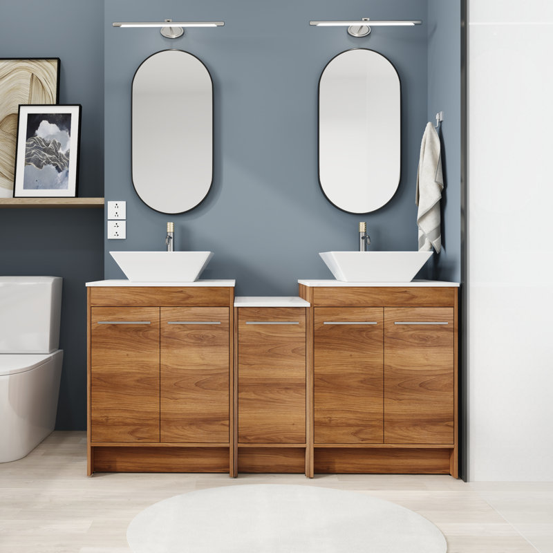 Meuble-lavabo double autoportant avec plateau en céramique 58,86 po Deshion